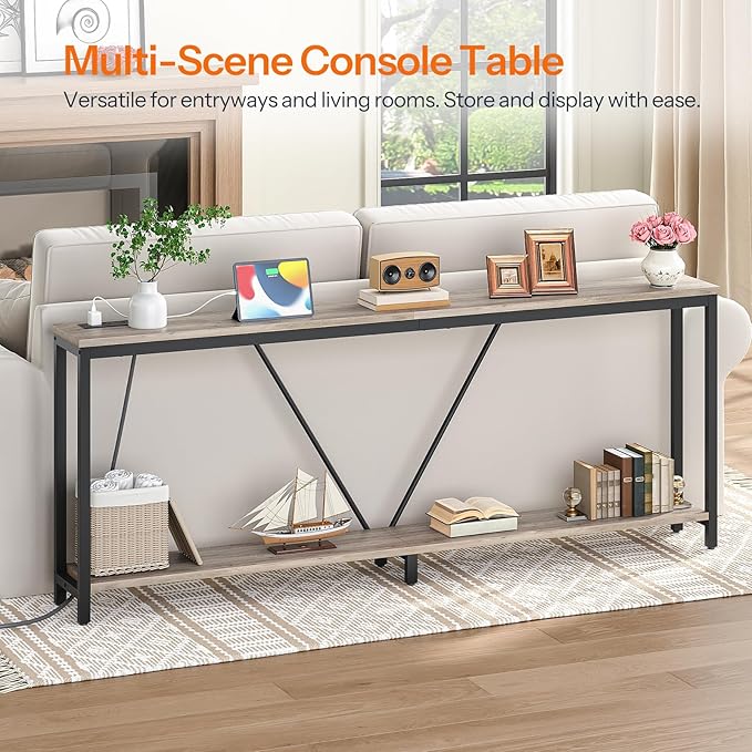 HOOBRO 78.7" Extra Long Sofa Console Table with Charging Station, 2-Tier Behind Couch Table with V-Brace, for Narrow Entryway, Hallway, Living Room, Greige BG206UXG01