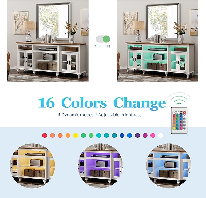 WAMPAT Farmhouse TV Stand with Colorful LED Light, 4-Door Glass Wood Entertainment Center with 9 Storage Cabinets, Media Console Table for Living Room Bedroom，70'', Antique White