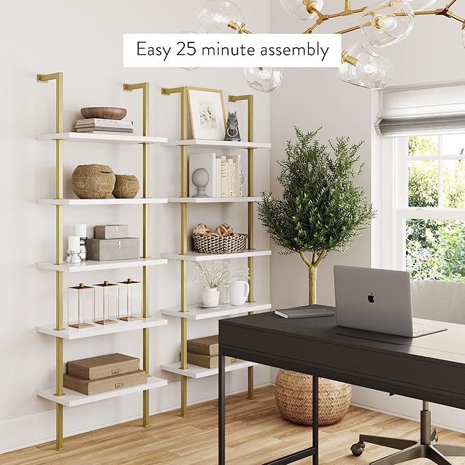 Nathan James Theo 5-Shelf Gold, Ladder Bookcase with Gold/Brass Metal Frame, White, Set of 3