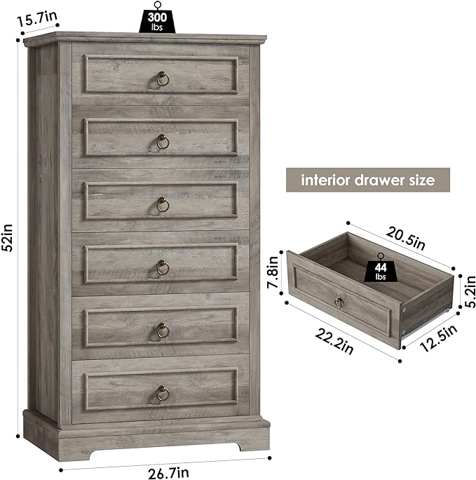 HOSTACK 6 Drawer Dresser for Bedroom, 52" Tall Dresser, Modern Farmhouse Vertical Chest of Drawers for Bedroom, Wooden Closet Chest, Wood Storage Cabinet for Living Room, Hallway, Entryway, Ash Grey