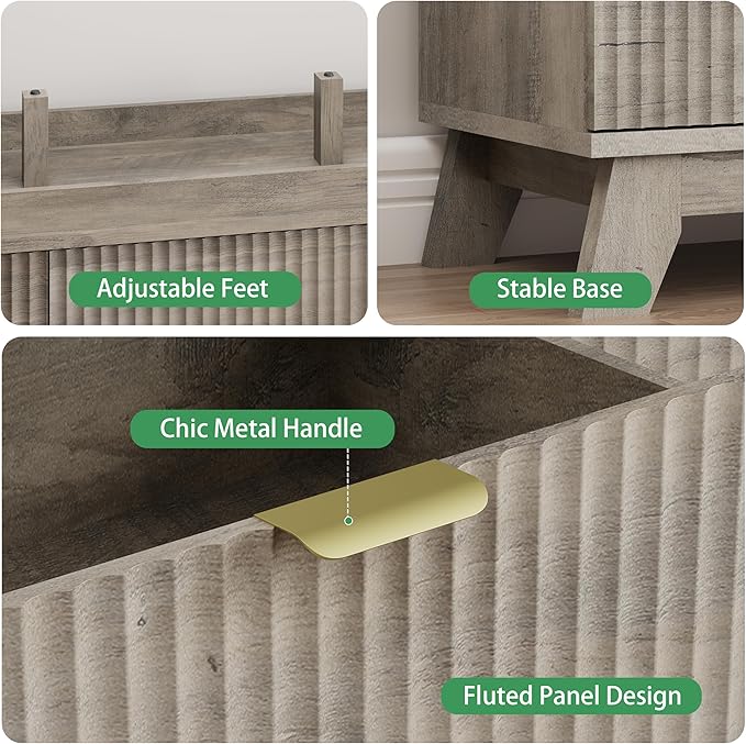 Fluted Dresser for Bedroom with 9 Drawers, 57" Wide Modern Chest of Drawers with Metal Handle, Wooden Dresser TV Stand, Wood Closet Clothes Storage Organizer for Living Room, Hallway, Grey