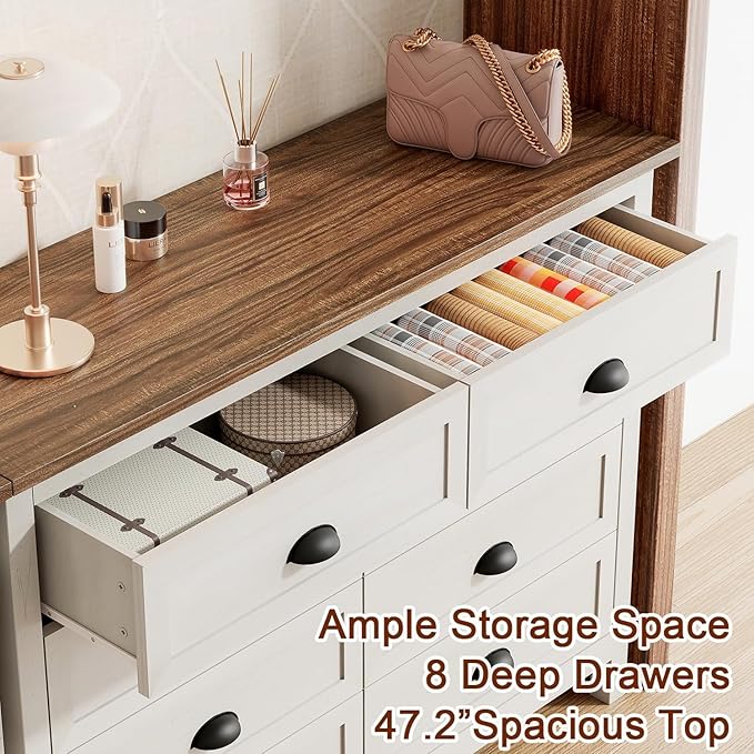 Wananlanen® Farmhouse Dresser for Bedroom, Antique Double Dresser & Chest of Drawer with Vintage Handle and Storage, Wooden Tall Rustic Organizer for Bedroom (Antique White, 8 Drawer)