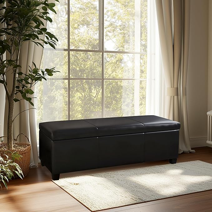 BELLEZE Storage Faux Leather Ottoman, 47 Inch Bench Bedroom Bench with Safety Close Hinge, Extra Long Ottoman with Storage for Living Room, Entryway, Hallway, Foot Rest, Support 300lbs - Black