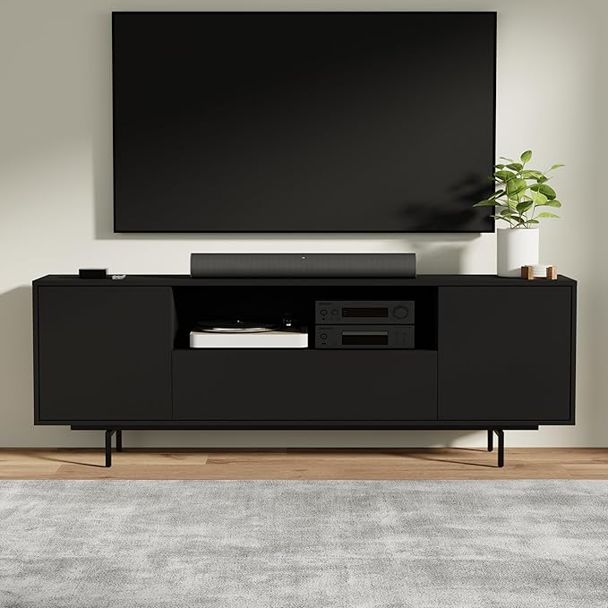 Norrhaus 75-Inch Modern TV Stand – Black Finish, 26-Inch Height, No Tools Assembly Technology, Storage Cabinets with Center Channel Speaker Shelf, Mid-Century Modern Design