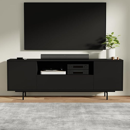 Norrhaus 75-Inch Modern TV Stand – Black Finish, 26-Inch Height, No Tools Assembly Technology, Storage Cabinets with Center Channel Speaker Shelf, Mid-Century Modern Design