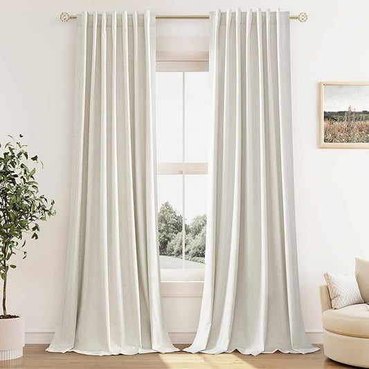 Cream Linen Blackout Curtains 104 Inch Length 2 Panels Set for Living Room Bedroom Back Tab Thermal Insulated 100% Black Out Linen Drapes Room Darkening Window Curtains 104 Inches Long Ivory Natural