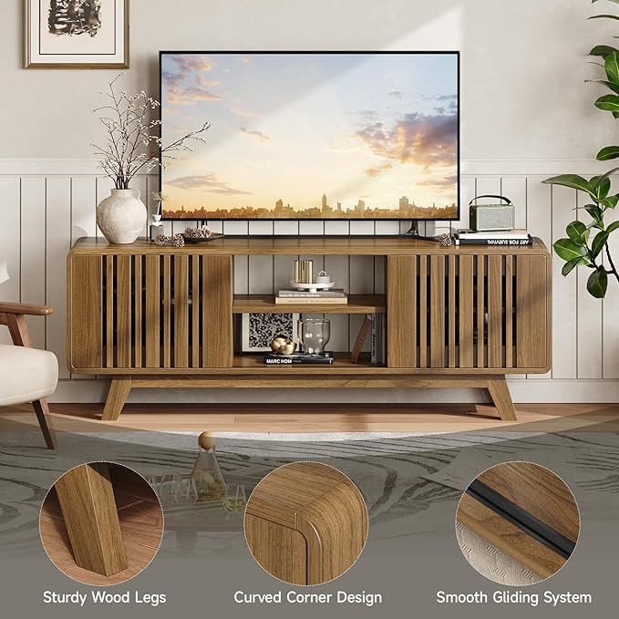 63-Inch TV Stand for TVs up to 75 Inch, Mid-Century Modern Television Stand with Power Outlet， Entertainment Center with Sliding Grille Door Cabinets and Open Shelves for Living Room, Oak