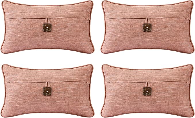 Outdoor Decorative Pillows with Coconut Button Pack of 4, 20" x 12" Outdoor Pillow Set for Couch Bed Throw Patio Sofa, Light Lotus Red
