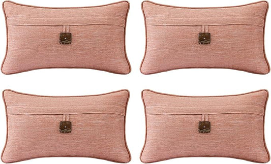 Outdoor Decorative Pillows with Coconut Button Pack of 4, 20" x 12" Outdoor Pillow Set for Couch Bed Throw Patio Sofa, Light Lotus Red