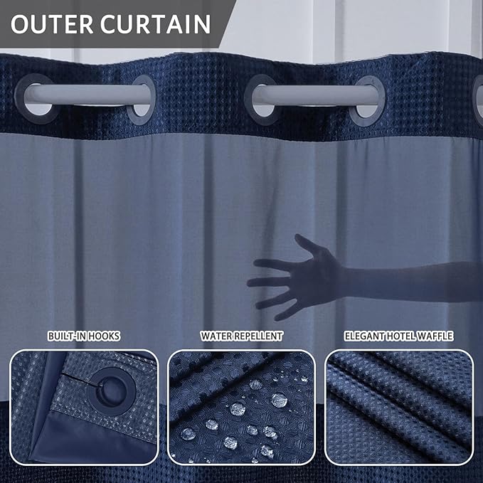 No Hook Waffle Weave Shower Curtain with Snap in Fabric Liner Set,Heavy Duty Textured Bathroom Curtain with See Through Window,Waterproof & Machine Washable,Navy Blue,Stall 36x72 Inch