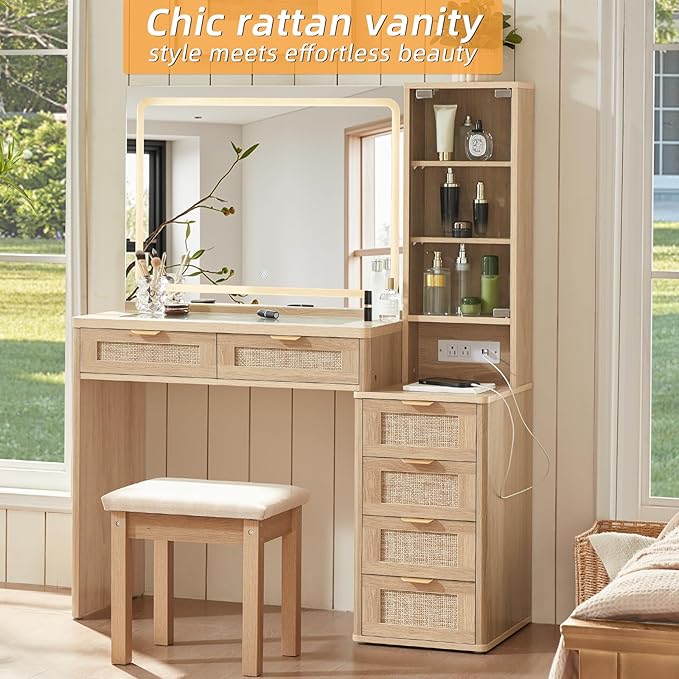 LEYAOYAO Vanity Desk with Mirror and Lights, 43.5'' Makeup Vanity Set with Stool 6 Drawers and Adjustable Shelves, Rattan Wood Make Up Vanity Dressing Table with Glass Top and Power Outlet for Bedroom