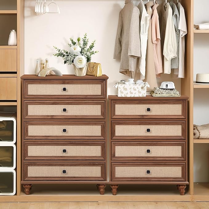 ORRD 10 Drawer Dresser for Bedroom, Mid Century Modern Wide Wood Rustic Chest of Drawers Wooden Storage Organizer Dressers with Rattan Burlap Drawers for Living Room, Hallway Closet, Entryway, Walnut