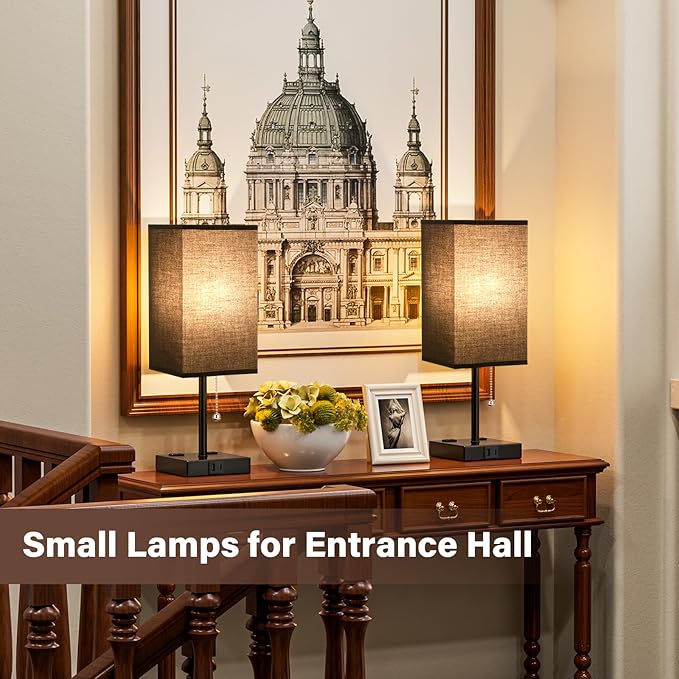 Balck Table Lamps for Bedroom Set of 2 Nightstand - 17.4In Tall, 3 Color Bedside Lamps with AC Outlets and USB A & C for Charging, Square Night Stand light, End Table Lamp for Living Room/Dorm/Office