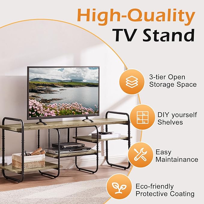VECELO TV Stands for 55 Inch,Entertainment Center/Media Console Table with Adjustable Storage Shelves for Living Room/Bedroom,Grey