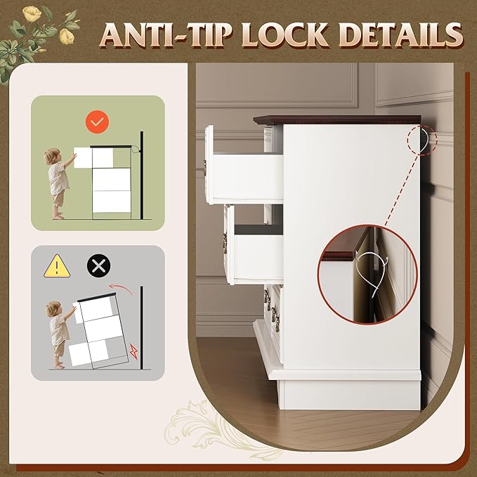 WLIVE Farmhouse Dresser for Bedroom, 51.97'' Wide Wood White Dresser with 6 Drawer, Chest of Drawers with Roman Metal Handle, TV Stand for 60 inch TV, for Living Room, Hallway