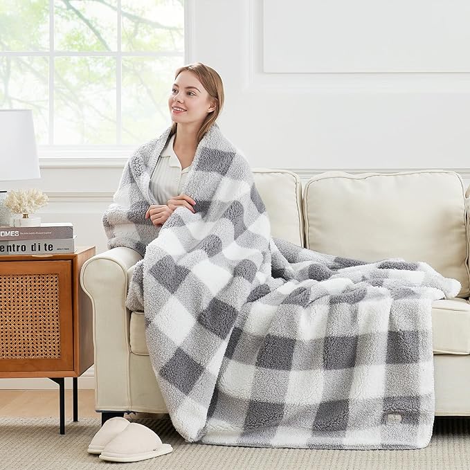 Cozy Bliss Ultra Soft Reversible Double Sherpa Sided Blanket, Buffalo Plaid Throw Blanket Fluffy Thick Warm Plush Fuzzy Blanket for Couch, Bed and Gifts (Grey, 50" x 60")