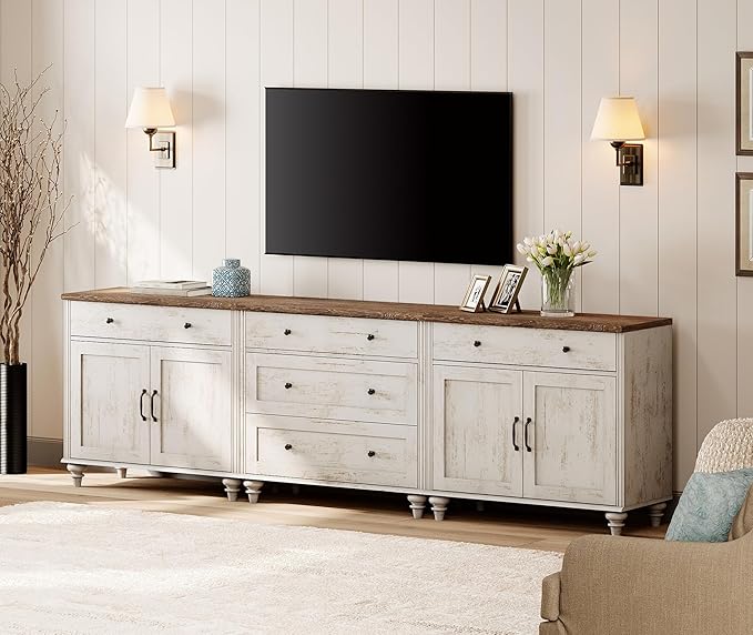 WAMPAT Farmhouse TV Stand for 100 Inch TV, 3-in-1 TV Console Table with 5 Drawers and 4 Doors, Entertainment Center, Kitchen Sideboard Buffet Cabinet for Dining Room, Rustic White