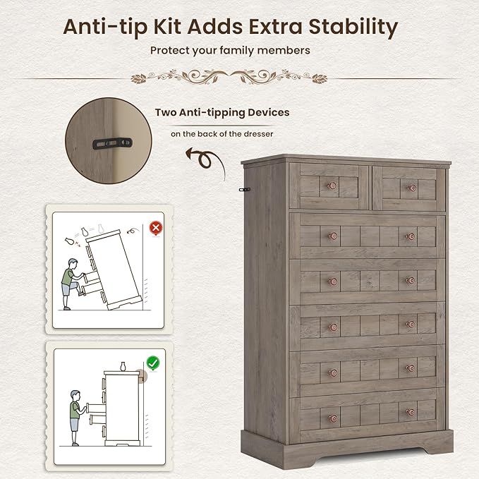 Hasuit Farmhouse Dresser for Bedroom, 7 Drawers Dresser, 51.4"Tall Dressers Chest of Drawers with Hand Carved Panel, Large Wood Closet Storage Organizer Rustic Dressers for Bedroom Living Room Hallway