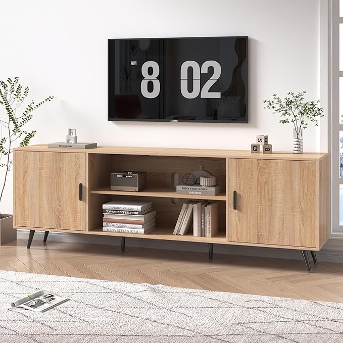 AUXSOUL 80 Inch Mid Century Modern TV Stand for 75 Inch TV, Wood TV Stand with Storage, Entertainment Center for Living Room Bedroom, TV Media Console, Oak
