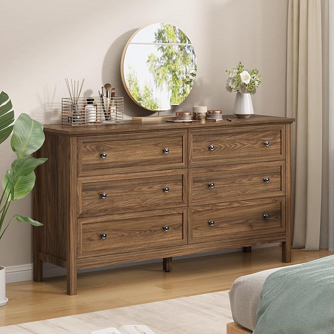 CARPETNAL 55" Walnut Dresser for Bedroom, 6 Drawer Dresser with Wide Drawer and Metal Handles, Wood Dressers & Chests of Drawers for Hallway, Entryway.