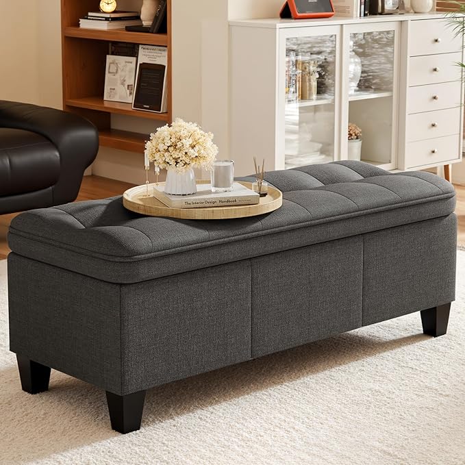 YESHOMY 47 Inches Ottoman with Storage, Storage Bench with Legs, Ottomans for Living Room, Entryway, Adjustable & Movable, Easy Assembly, Linen Fabric Dark Gray