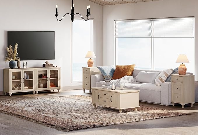 WAMPAT Farmhouse TV Stand for 75 inch TV with 4 Glass Doors, Wood Universal TV Stand with 4 Storage Cabinets, Beige Entertainment Center TV Console Table for Living Room, Bedroom