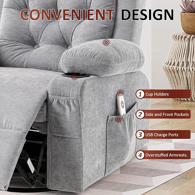 Overstuffed Rocker Recliner Chair with Massage and Heat, Mid Century Ergonomic Rocking Swivel Recliners Lounge Chair for Living Room, Manual Recliner Sofa Chairs with 2 Cup Holders, USB