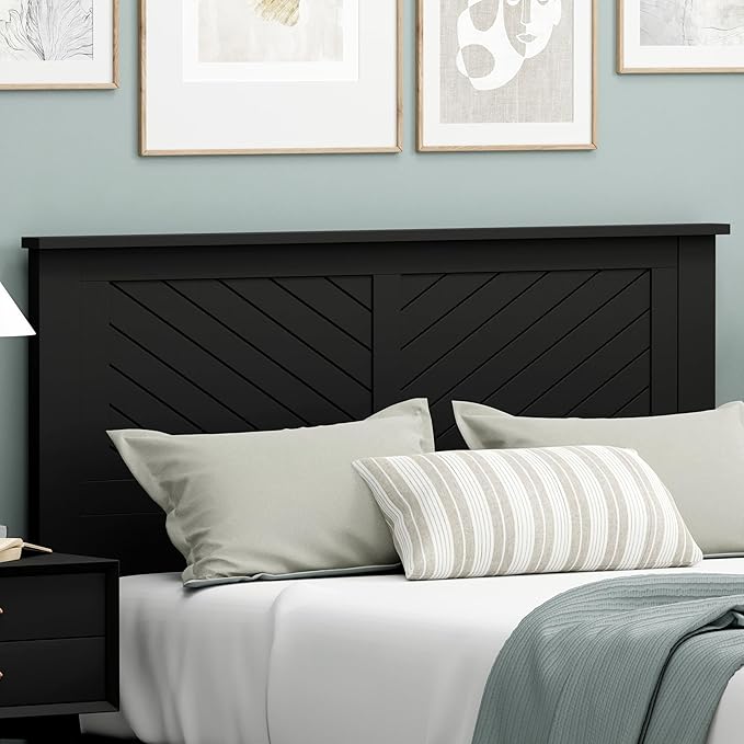 Serene Poplar Wood Full Headboard, Modern Farmhouse Panel with Chevron Scoring, Full Size Headboard in Black, Casual Coastal Style, Easy Assembly, Quality Materials