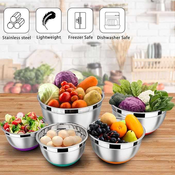 LIANYU Nesting Mixing Bowls Set of 6 with Airtight Lids, Size 7, 3.5, 2.5, 2, 1.5, 1QT, Large Stainless Steel Metal Bowls for Baking Cooking Food Storage, Non-slip Bottom, Colorful