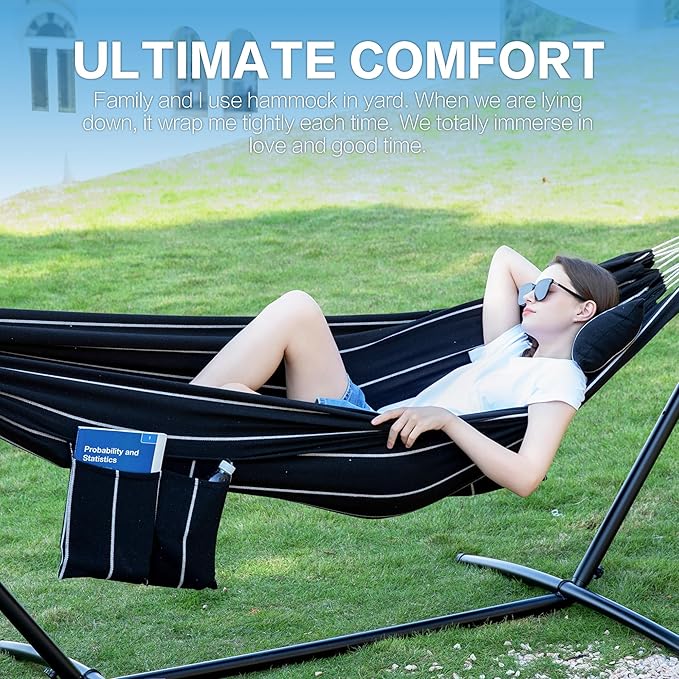 PNAEUT Double Hammocks with Stand for Outside, Portable Space Saving Heavy-Duty Steel Stand for Indoor Outdoor Patio with Carrying Bag, 450 lbs Capacity (Chasm)