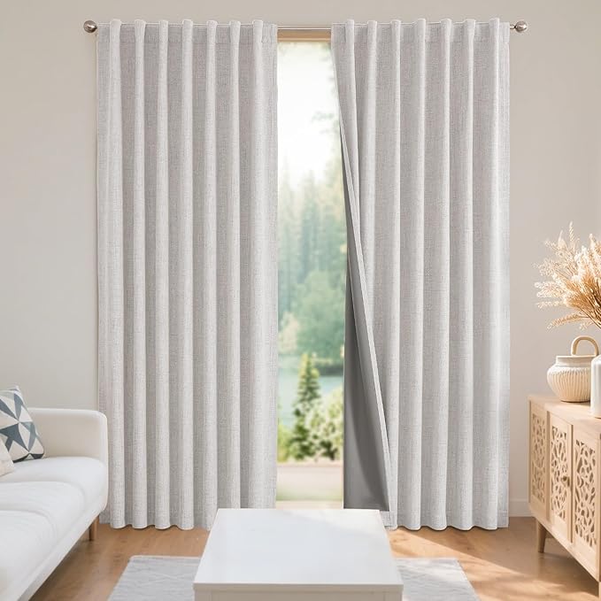Joydeco 100% Blackout Curtains for Bedroom - Natural Linen Curtains 52" W x 120" L, Thermal Insulated 2 Panels White Light Blocking Drapes, Rod Pocket & Back Tabs, Darkening Privacy for Living Room