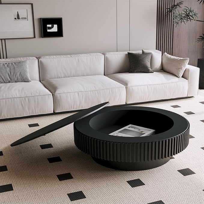 Round Coffee Table for Living Room, Accent Fluted Drum Coffee Table with Storage, Modern Solid Wood Veneered Circle Center Tea Table for Small Space Apartment (39.4''D×14''H-Black)