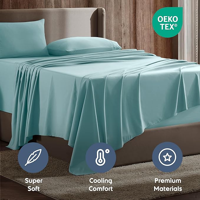 Nestl Short Queen Sheet Set - 1800 Ultra-Soft Microfiber - Double Brushed - Deep Pockets - Easy Fit - 4 Piece Set - Bed Sheets (Short Queen, Light Blue)