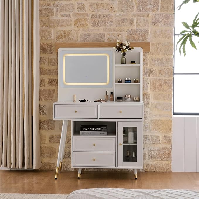 Modern Makeup Vanity Desk with Mirror and Lights,Retractable Dressing Table with Drawers and Cabinets,Makeup Table Set for Bedroom
