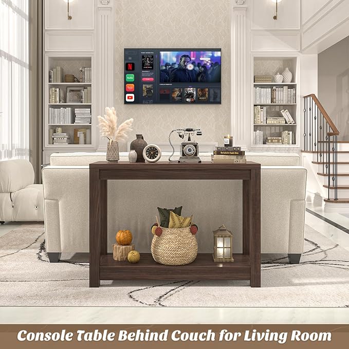 Small Farmhouse Wood Entryway Table Narrow Console Table with Storage Behind Couch Sofa Table with Shelves Entry Way Tables with Open Storage, Easy Assembly, 32" Black Walnut