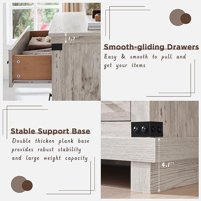 T4TREAM Farmhouse 5 Drawers Dresser for Bedroom, 48" Tall Wood Chest of Drawers w/Natural Texture & Metal Handle, Rustic Storage Dressers Organizer for Living Room, Hallway, Antique Brush White