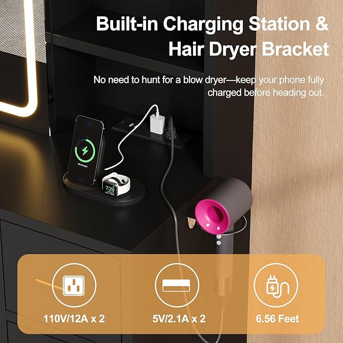 Vanity Desk with Sliding Mirror & LED Lights, Smart Makeup Table with Charging Station, Hairdryer Holder, 7 Shelves, 3 Drawers, 2 Cabinets, Vanity with Extra Hidden Stroage for Bedroom,Black