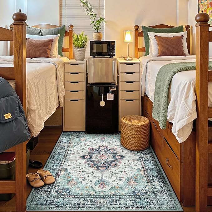 Area Rugs 5'x7' Washable Non-Slip, Floral Vintage Distress Print Pattern Medallion Carpet for Living Room Bedroom Dining Room, Green Navy Blue White Red Teal Colorful