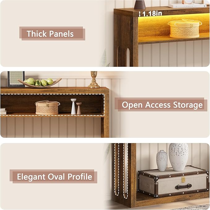 FAVOOSTY Farmhouse Console Table with Storage, 47" Entryway Console Table with Led Light, 2-Tier Entryway Table Sofa Table Behind Couch Table Hallway Stand for Living Room,Foyer,Entrance Brown