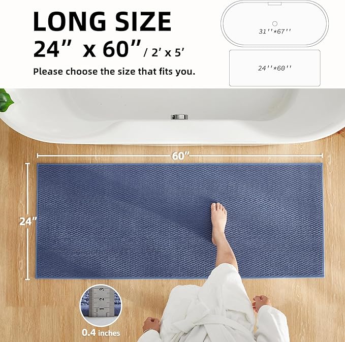 Bathroom Runner Rug, Long Bath Mat Washable Thin Quick Dry Low Pile Bathroom Runner Rugs 24 x 60 Non Slip, Denim Blue 24"x60"