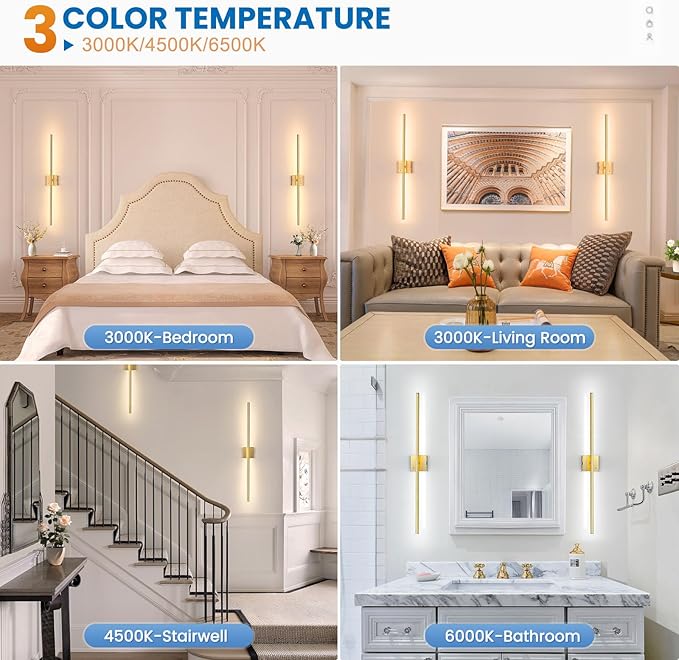 NIORSUN 35 Inch Battery Operated Wall Sconce Set of 2, 360° Rotation Gold Rechargeable Wall Lights with Detachable Tube and Remote, 3CCT Dimmable Wireless Wall Lamp for Living Room Bedroom Hallway