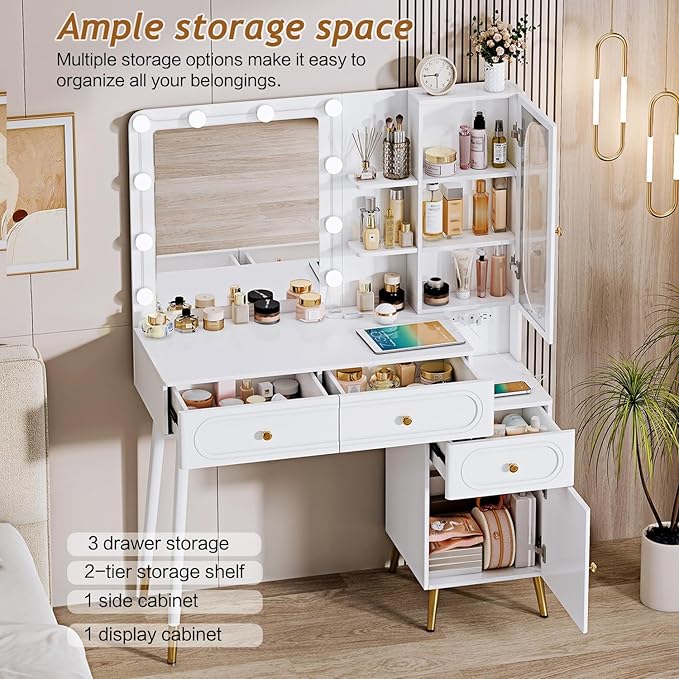 Vanity Desk with Mirror and Lights, with Power Outlet and 10 Lights Modern Capacity Makeup Vanity with 3 Drawers, Makeup Table for Bedroom,Makeup Room,White