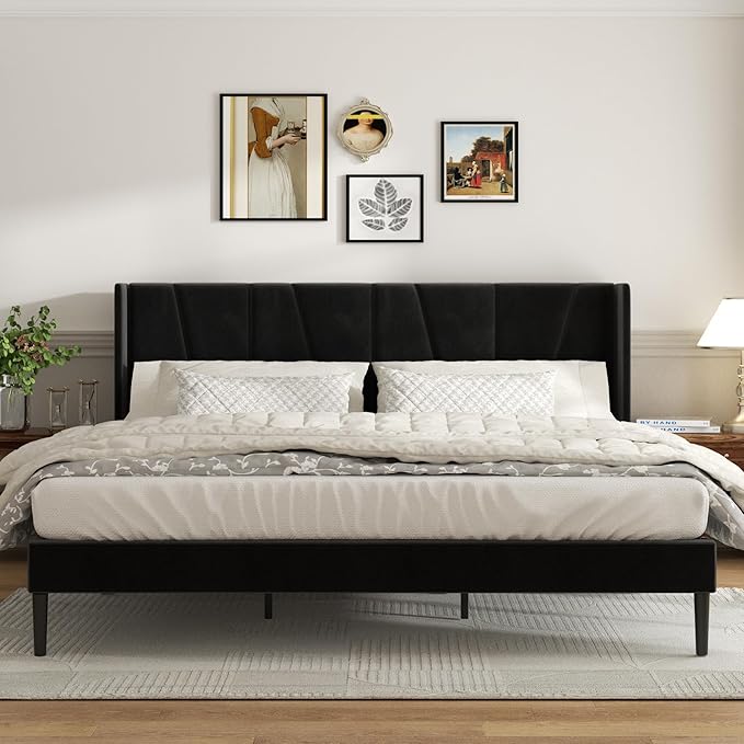 King Bed Frame with Headboard and Wingback, Velvet Upholstered Platform Bed, Mattress Foundation with Wooden Slat Support, No Box Spring Needed, Easy Assembly, Noise Free, Black