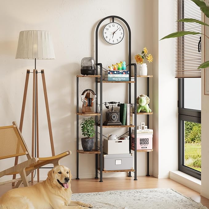 Bookshelf with Wall Clock, Triple Bookcase with Open Display Shelves, Industrial Style Book Shelves, Modern Display Shelf for Living Room, Bedroom, Home Office, Rustic Brown