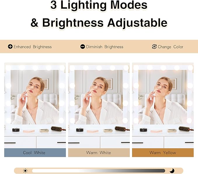 KAMABOKO Vanity Desk with Mirror & LED Lights & Power Outlet, Makeup Vanity Table with 2 Drawers and 6 Storage Shelves, Dressing Table for Bedroom Dressing Room (White)