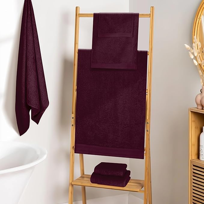 Ultra Soft 6 Pack Cotton Towel Set, Contains 2 Bath Towels 28x55 inch, 2 Hand Towels 16x24 inch & 2 Wash Coths 12x12 inch, Ideal Everyday use, Compact & Lightweight - Burgundy