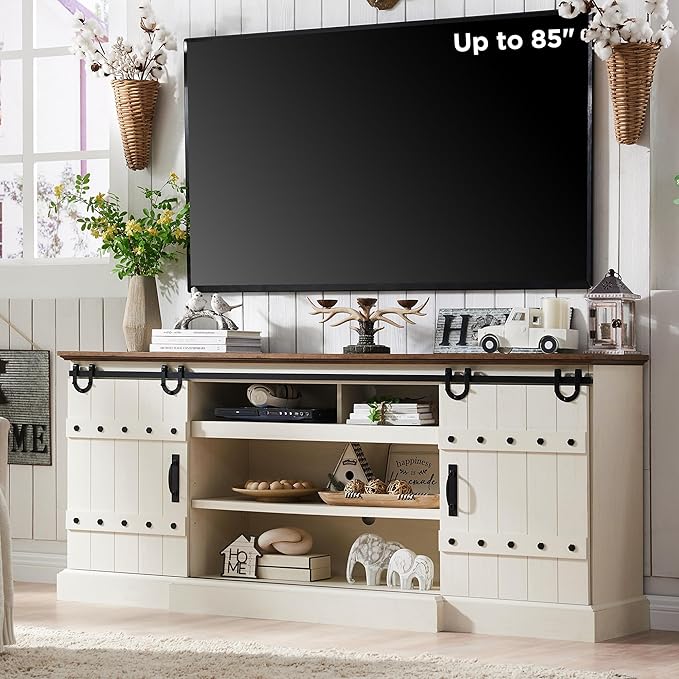 OKD Farmhouse 75" TV Stand for 80 85 Inch TV, Rustic Media Console Table with Sliding Barn Door, Large Highboy Entertainment Center with Storage Cabinet for Living Room, Bedroom, Antique White