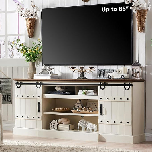 OKD Farmhouse 75" TV Stand for 80 85 Inch TV, Rustic Media Console Table with Sliding Barn Door, Large Highboy Entertainment Center with Storage Cabinet for Living Room, Bedroom, Antique White