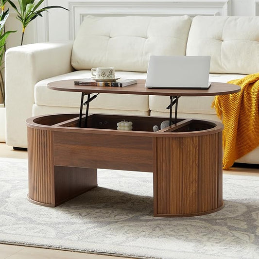 QHITTY Fluted Coffee Table with Lifting Top, Oval Wood Lift Top Coffee Table with Hidden Compartment, Mid Century Pull up Center Tables for Living Room, Office - Walnut