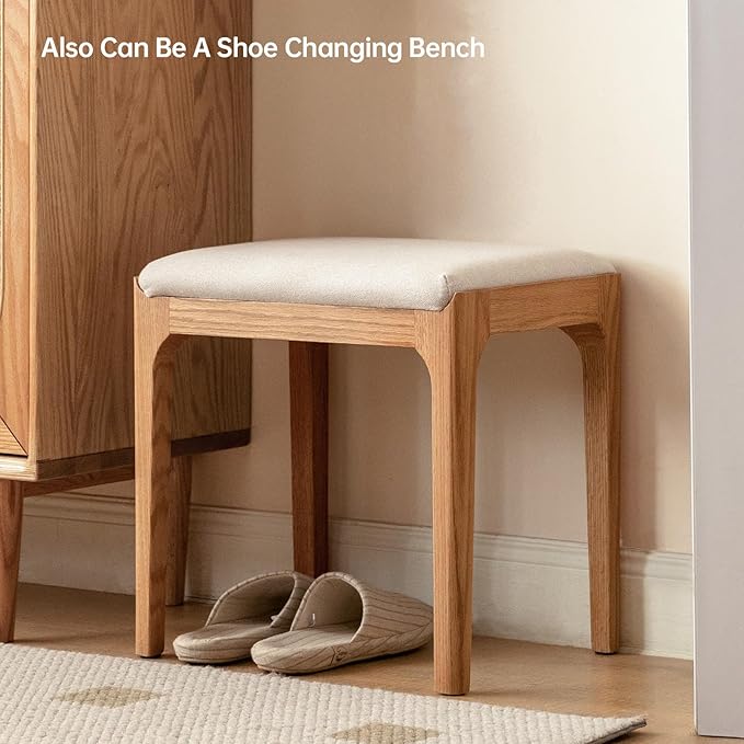 Solid Wood Small Vanity Stool Chair, High-Rebound Sponge Seat, Fully Assembled Makeup Chair, Footstool for Bedroom, Dining Room, Entryway, Natural Oak